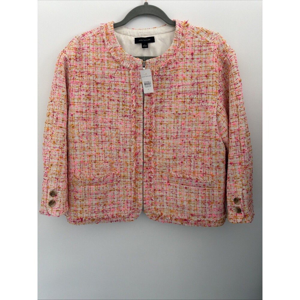Ann Taylor Tweed Bouclé Blazer Plaid Womens Sz 4 Pink Orange Fringe Zip 3/4 NWT - Picture 2 of 9